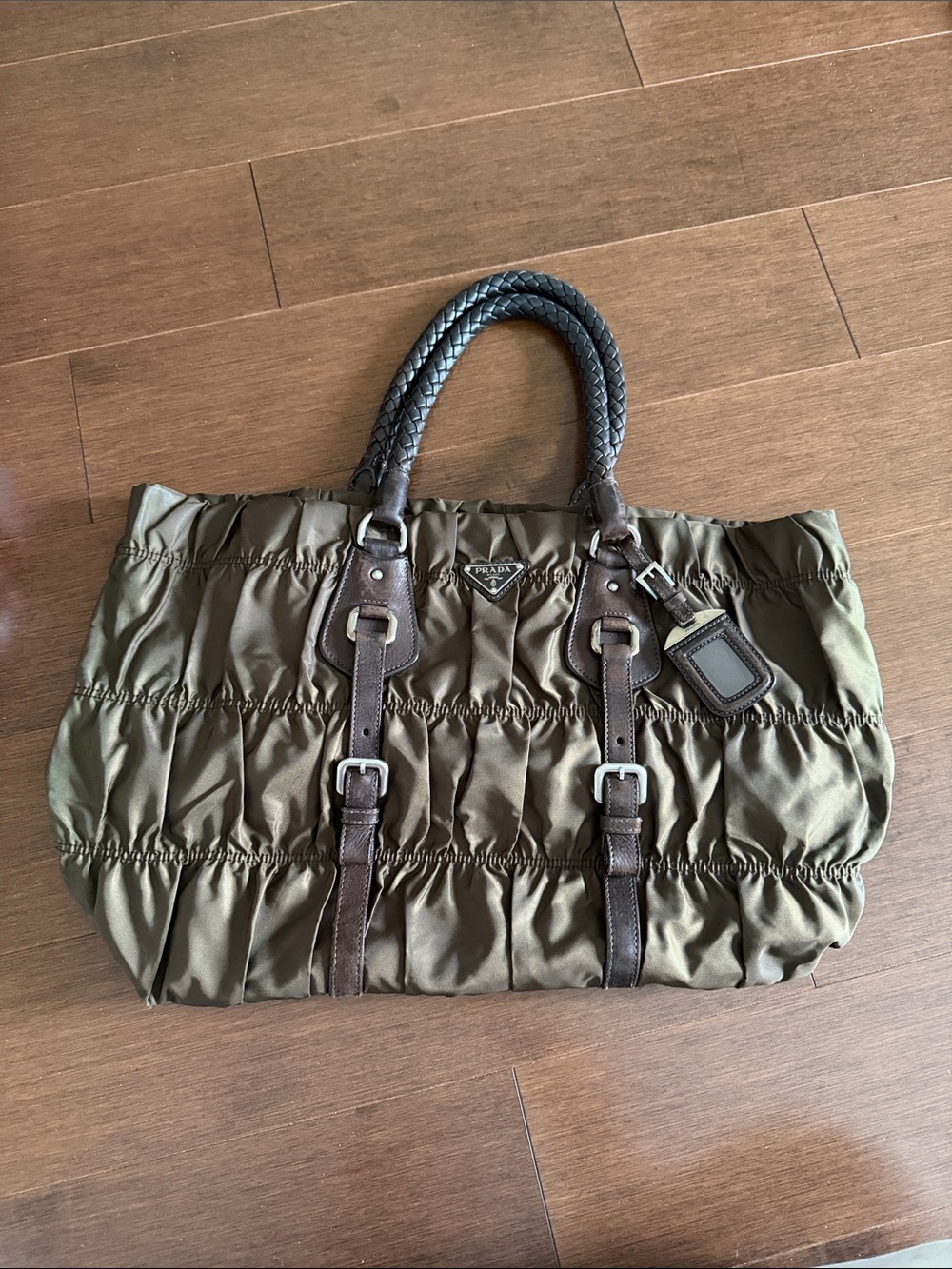 Prada Brown Tessuto Nylon Guafre Tote with Brown Leather Handles